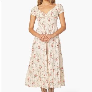 Puff Sleeve Dainty Floral Smocked Midi Dress Almond Milk by weworewhat